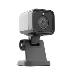 Close up of a modern webcam with a square design and a sturdy stand isolated on transparent background