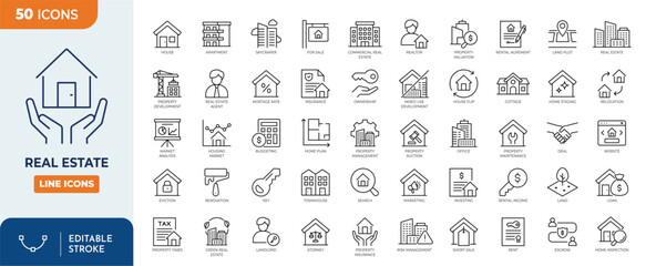Real Estate line editable icon set. Containing Purchase and sale of housing, House, Agent, realty, property, mortgage, home loan and more. Editable stroke. Vector illustration