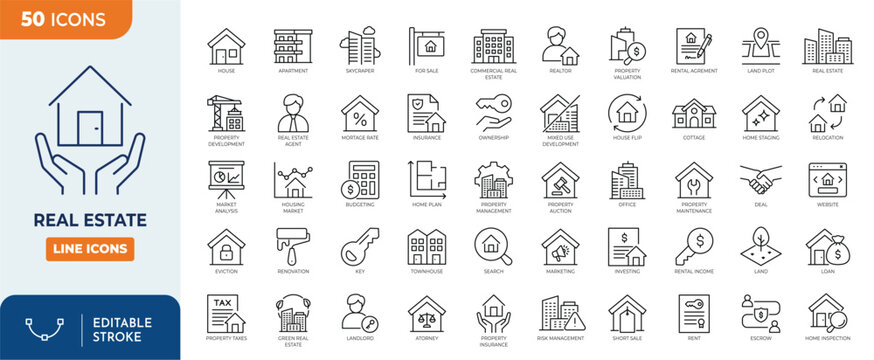 Real Estate line editable icon set. Containing Purchase and sale of housing, House, Agent, realty, property, mortgage, home loan and more. Editable stroke. Vector illustration