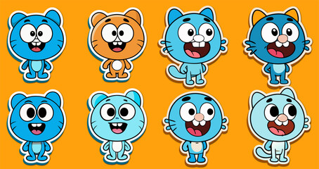 Cartoon oggy stickers in Various Colors Standing on an Orange Background with White Outlines Eight