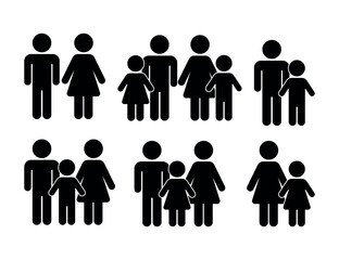 Flat design family symbol icon featuring stylized parents and children figures in a clean minimal vector illustration, perfect for web, app UI, logo, social media, or educational use

