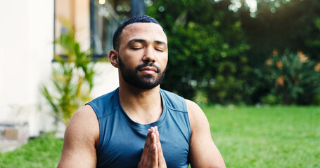 Man, yoga and meditation at house outdoor for zen, spiritual healing and mindfulness. Male person,...
