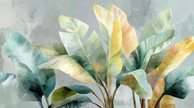 Soft muted watercolor digital illustration of large light green Cape wild banana leaves on light gray background with blurred tropical foliage, delicate botanical nature artwork design