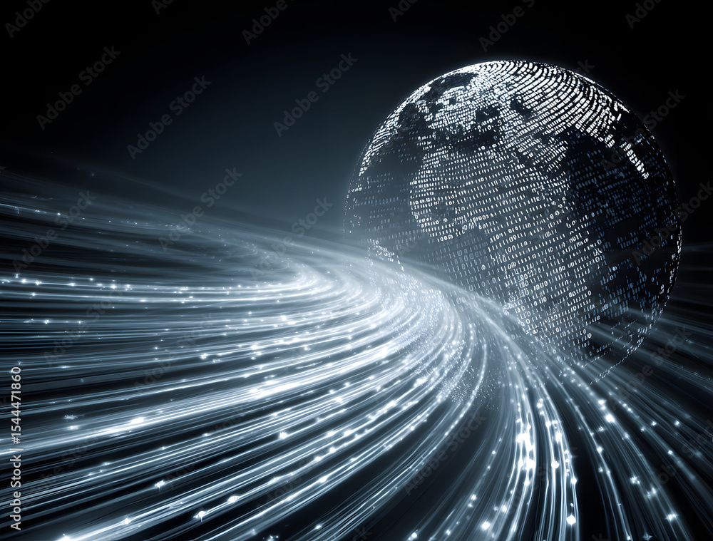 Poster glowing digital globe with binary code and flowing data lines on a dark tech background, symbolizing