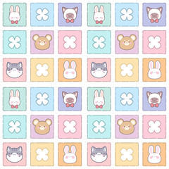 Cute seamless pattern decorated with flowers, cat, rabbit and bear.