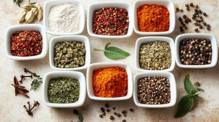 Variety of colorful spices arranged in small bowls on a light surface with herbs for an aromatic culinary experience