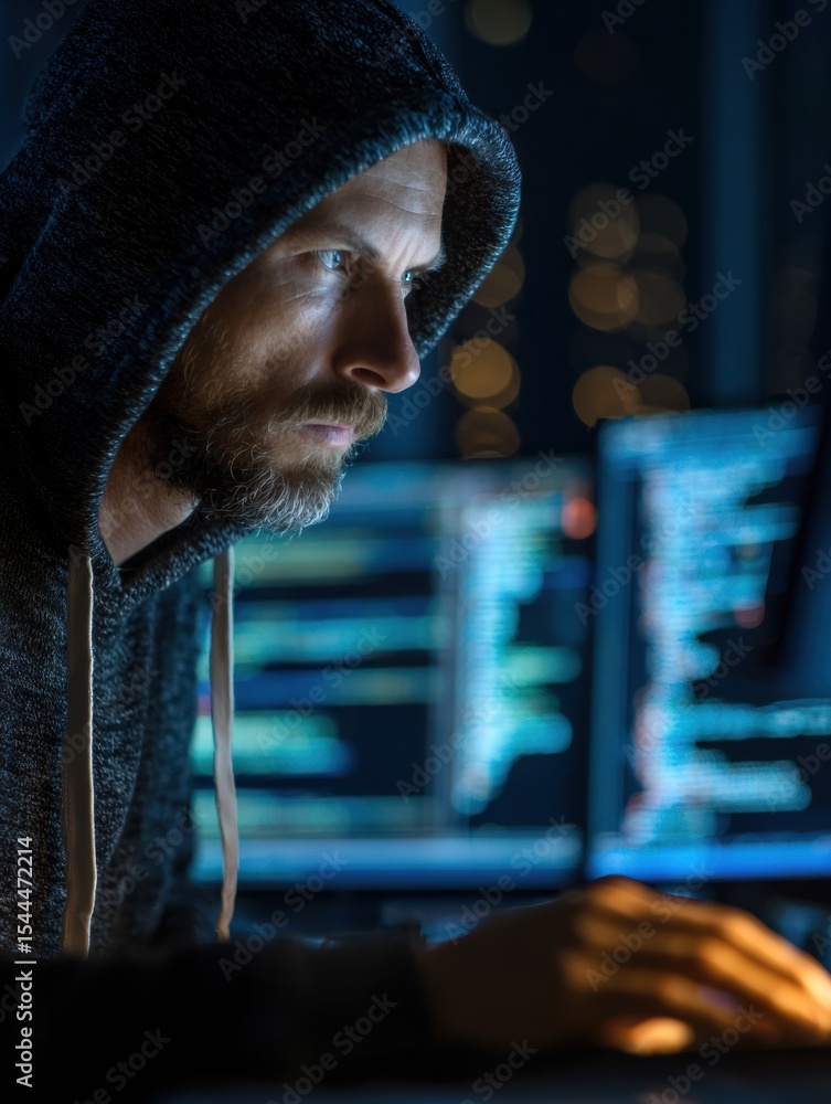 Poster data breach response steps being carried out by a focused individual in a dark room with glowing mon