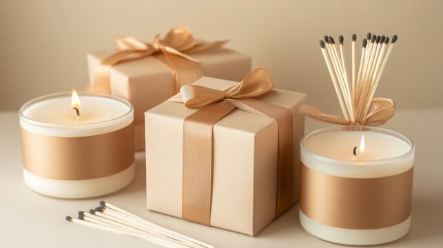 Decorative candles and gift boxes for home decor in a soothing color palette
