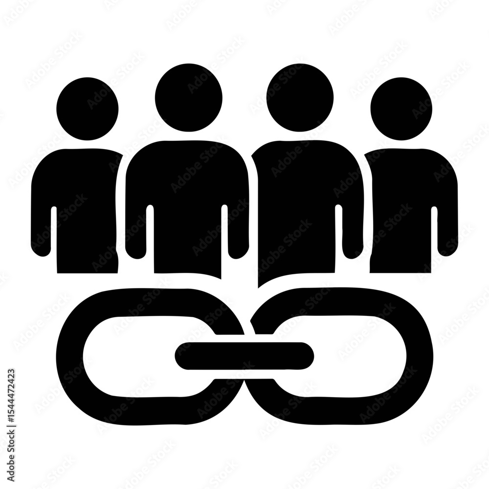 Poster illustration showing four people standing behind a chain link representing connection and teamwork o