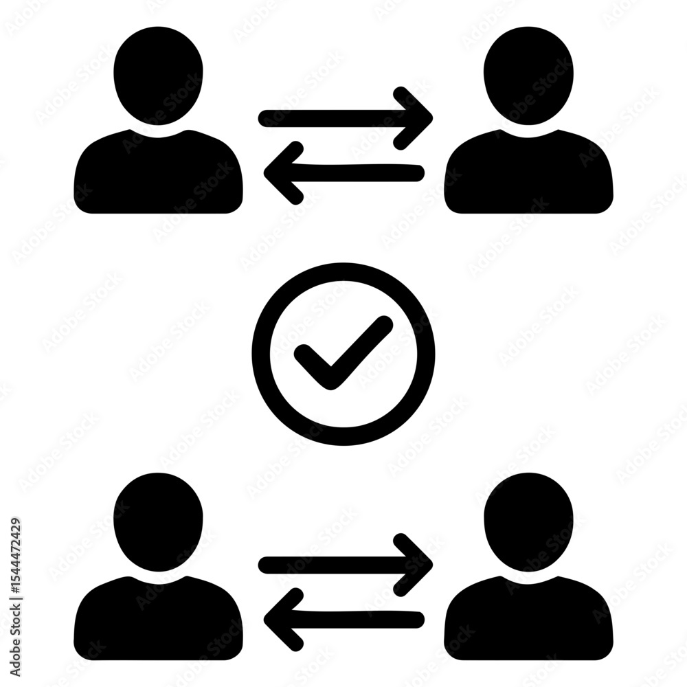 Poster illustration of two pairs of people exchanging or transferring data with a checkmark in between on t