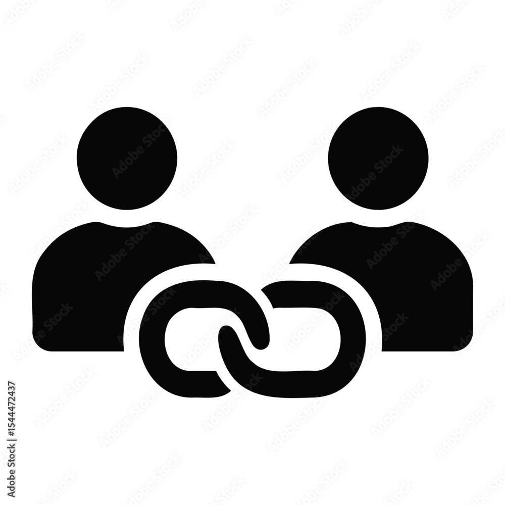 Poster two people icons connected by a chain link representing connection or collaboration symbolising unit
