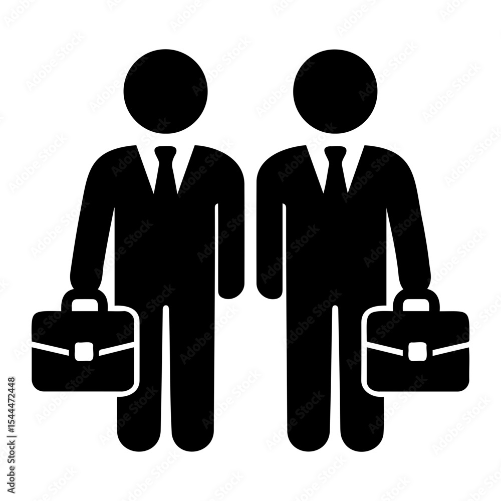 Poster two identical black silhouette figures in suits with ties and briefcases standing side by side neatl