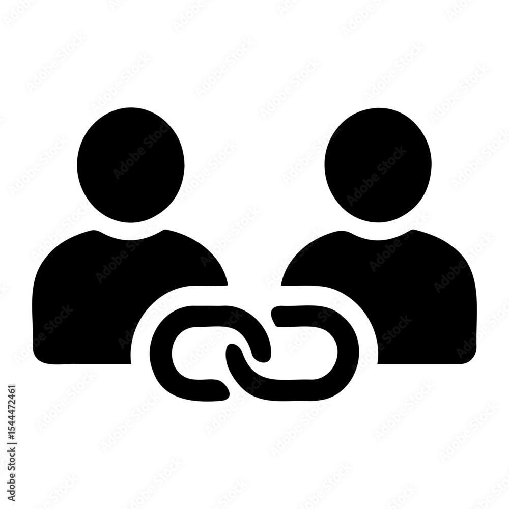 Poster two people icons connected by a chain link representing teamwork and collaboration in black color on