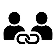 Two people icons connected by a chain link representing teamwork and collaboration in black color on transparent background