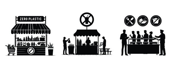 Zero plastic food stalls and sustainable food court silhouette