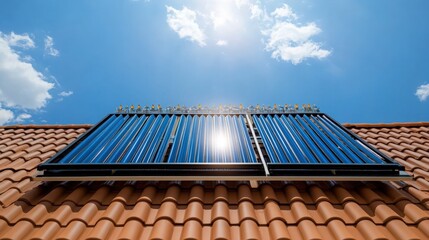 Solar water heater on resort villa rooftop, blue sky backdrop. Using sunlight for energy-efficient heating, eco-friendly hot water system. Eco-technology system for renewable power