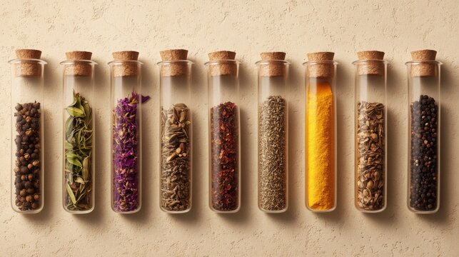 Colorful collection of herbs and spices in glass test tubes displayed on a neutral background