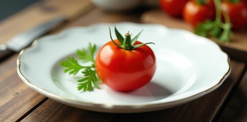 Single ripe tomato, fresh dill sprig on pristine white plate, freshness, cooking, detail