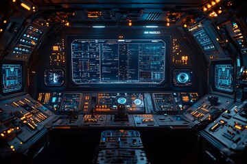 Futuristic spacecraft cockpit interior with glowing digital displays and illuminated control panels