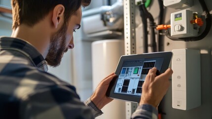 Technician in a modern home performing maintenance on a climate control system, consulting a tablet device for system diagnostics and service