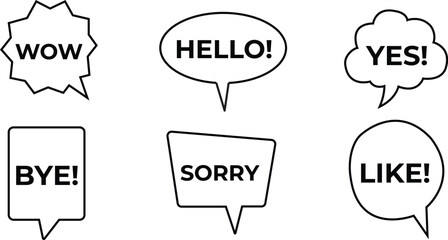 Set of six speech bubbles with words like 'WOW,' 'HELLO,' 'YES,' in outline style, Vector