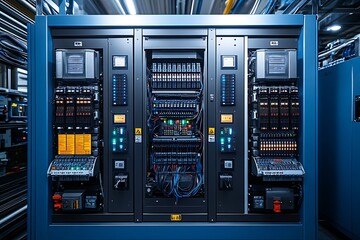 Modern data center server racks containing advanced network infrastructure and technology