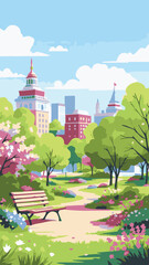 city landscape with trees and flowers