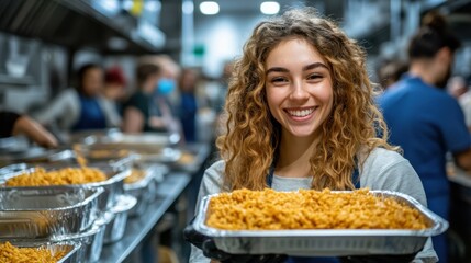 A realistic photograph of a diverse group of volunteers happily serving warm meals to people in need at a community kitchen, emphasizing the act of Give Back through direct service and compassion