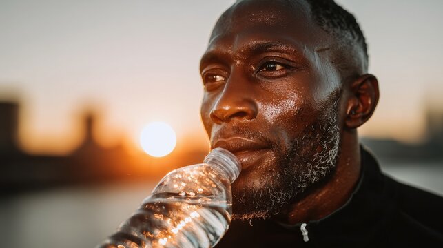 Close-up of a sweaty black athlete drinking water from a plastic bottle after training at sunset