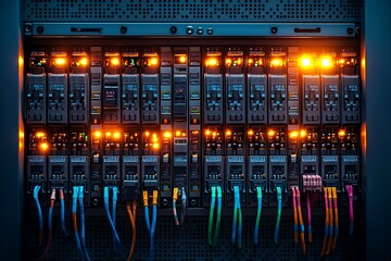 Server rack with connected ethernet cables and indicator lights in a data center