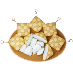 A 3D illustration of ketupat, traditional Indonesian rice wrapped in woven palm leaves, typically served during holidays and special occasions, with white rice inside.