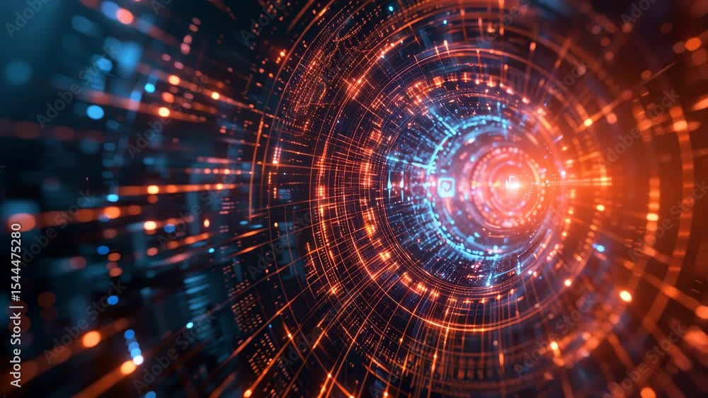 Poster an abstract, futuristic digital tunnel or wormhole with glowing red and blue data streams.