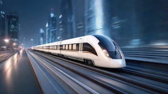 Urban Mobility: A futuristic high-speed train streaks through the city at night, symbolizing the future of efficient transport.