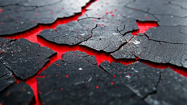 Red fissures on dark gray cracked surface abstract background texture