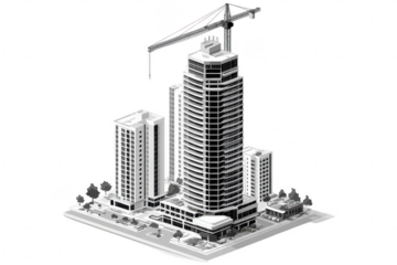 Grey-scale city skyline with skyscraper under construction