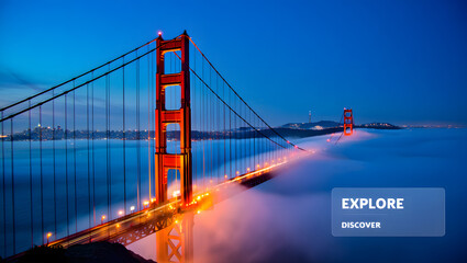 Golden Gate Bridge Illuminated at Night Emerging from the Fog, San Francisco with Cityscape and Night Sky
