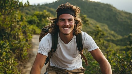Fototapeta premium Smiling hiker on a mountain trail.