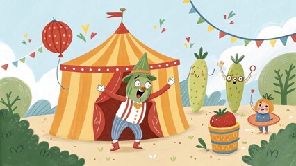 A fun, vintage illustration of a circus clown on a swing, carousel, or in a tent at a carnival event