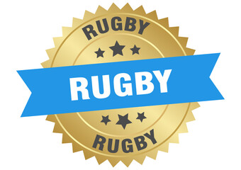 rugby. rugby round blue and gold label isolated on transparent background
