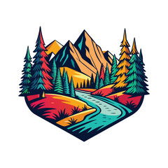 a mountain hiking scene featuring trees and a river, designed in a simple yet detailed linocut style