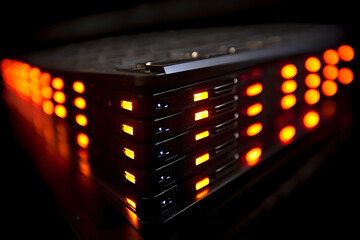 Stacked Servers Illuminated with Orange and Blue Lights Against