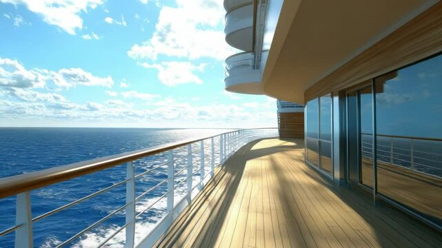 Ocean Cruise Deck: Sun-drenched deck of cruise ship with wooden floor, railing, and sliding glass doors, offering stunning ocean views.
