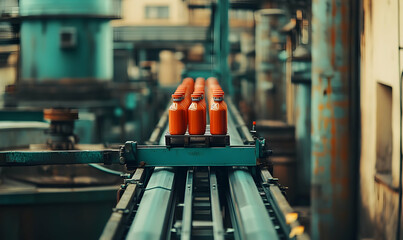 Orange Bottles on Teal Conveyor: Industrial Production Line Deta