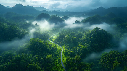 Winding Road Through Lush Green Mountains Veiled in Mist, Aerial