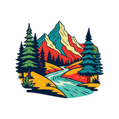 a mountain hiking scene featuring trees and a river, designed in a simple yet detailed linocut style