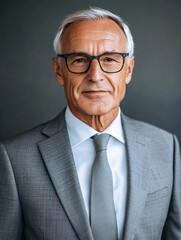 Portrait of a distinguished senior man in a suit, confidently looking at the camera.