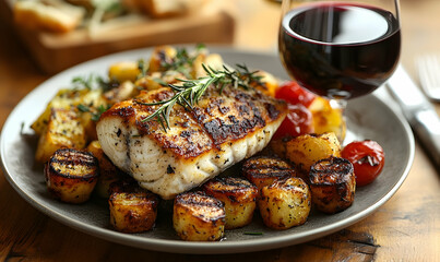 Grilled Cod with Rosemary, Roasted Potatoes, and Red Wine