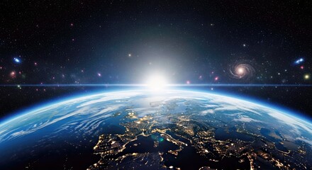 Earth in Space: Shining Sunrise, Universe & Galaxy Background - Cosmic Dawn