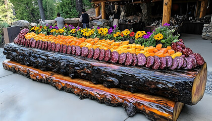 Rustic log charcuterie board with salami, cheese, and floral acc