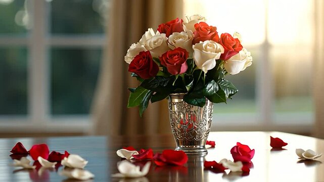 Red and white roses in silver vase petals scattered on wooden table